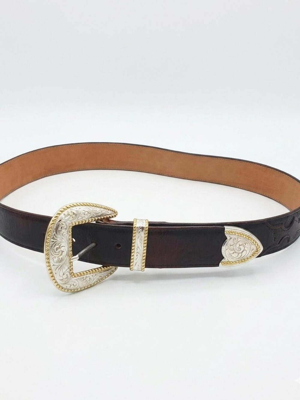 LUCCHESE Dark Brown Leather Belt with MONTANA SILVERSMITH Silver-Gold Buckle